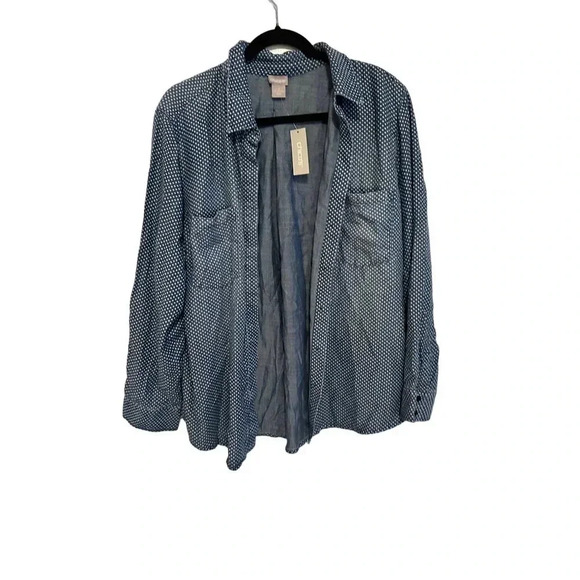 NWT Chico's Women Tencel Chambray Polka Dot Denim Button Up Blouse Shirt Size 3 - Picture 1 of 7